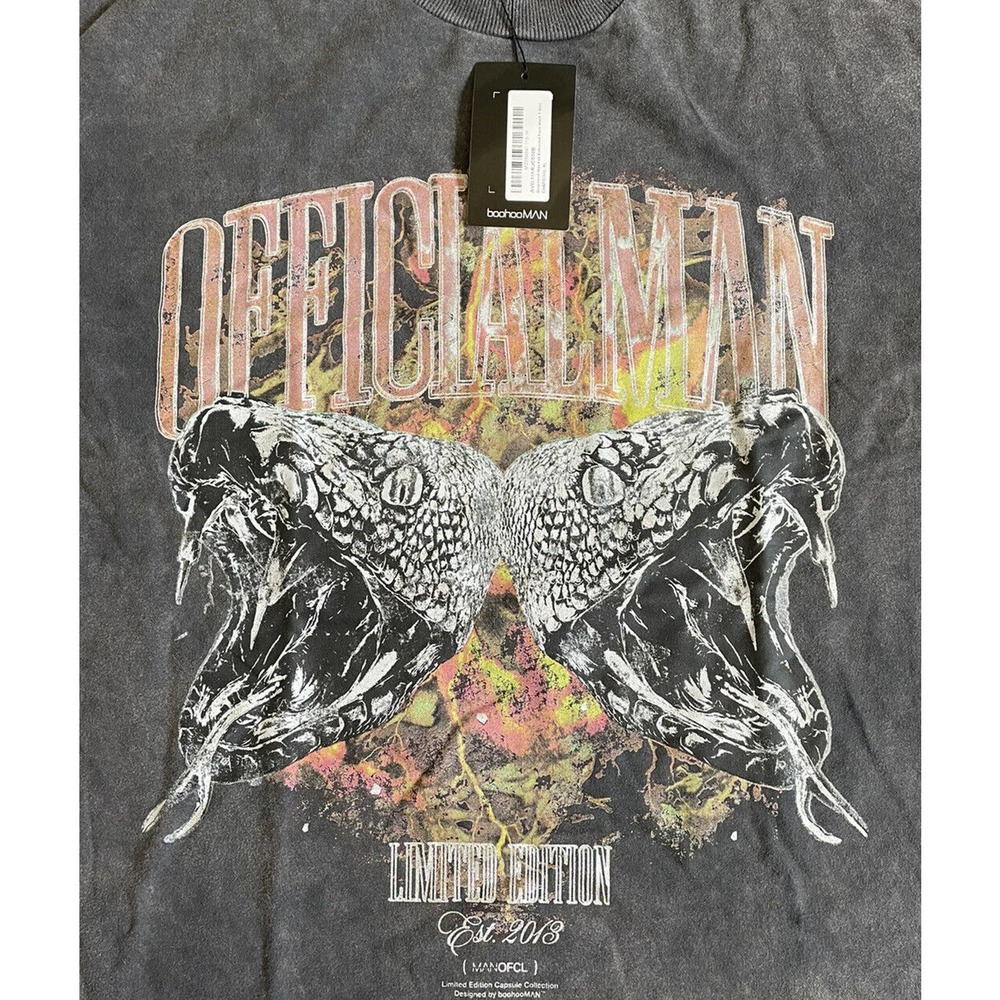 Boohoo Man Official Man Mens XL Graphic Tee Shirt Gray Foil Extended Neck NWT M9 - Picture 6 of 8
